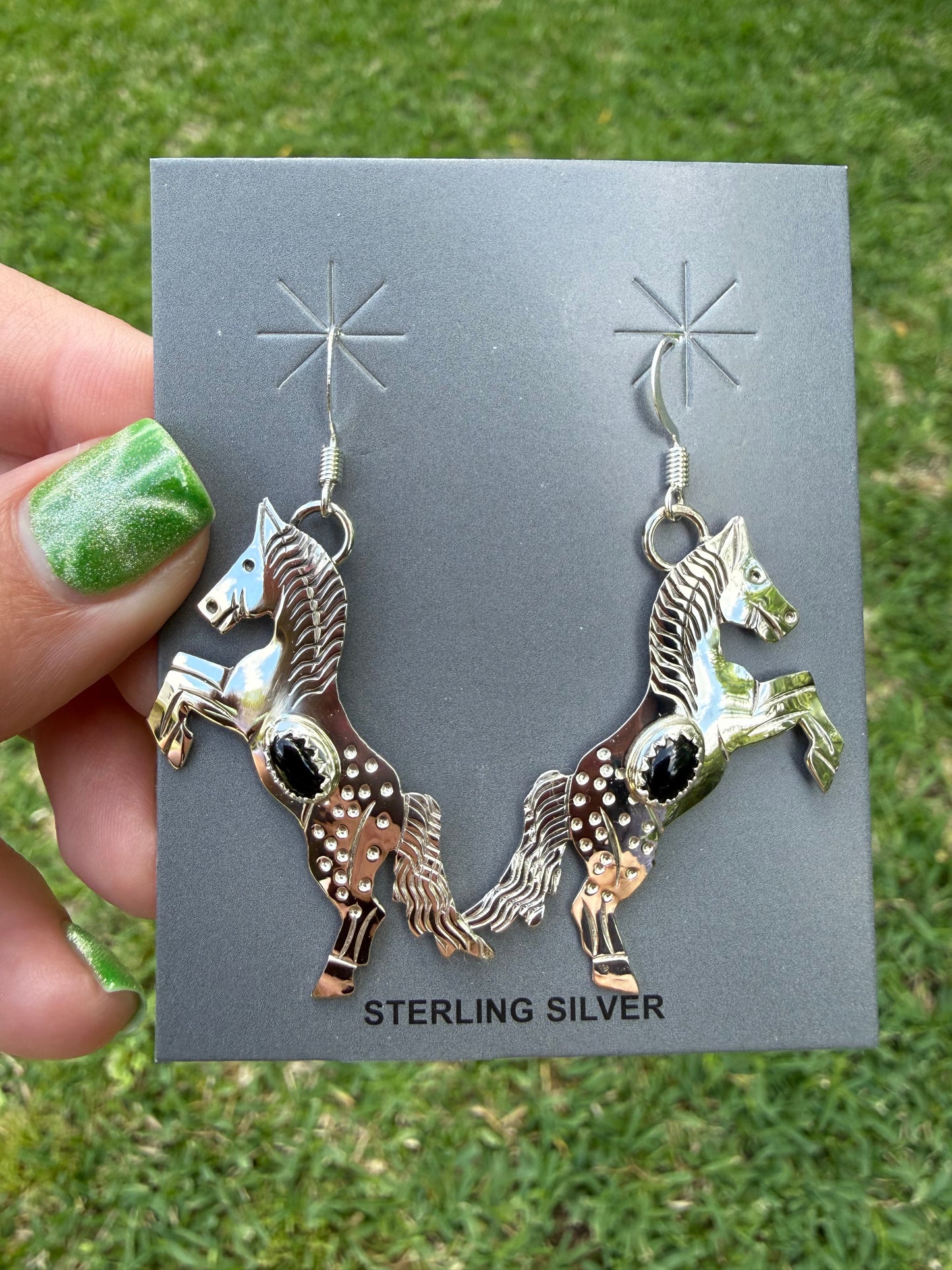 Navajo Black Onyx Horse Sterling Silver Earrings by Louise Yazzie