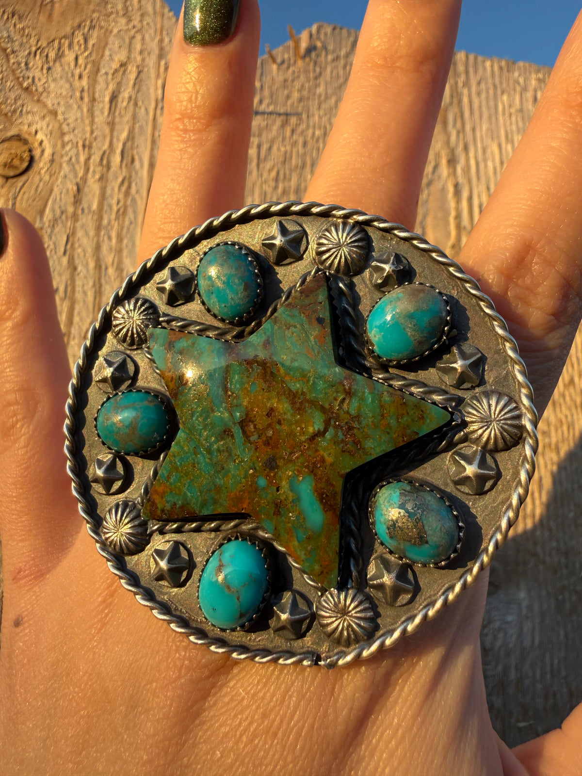 Navajo Turquoise Star Statment Cluster Sterling Silver Adjustable Ring