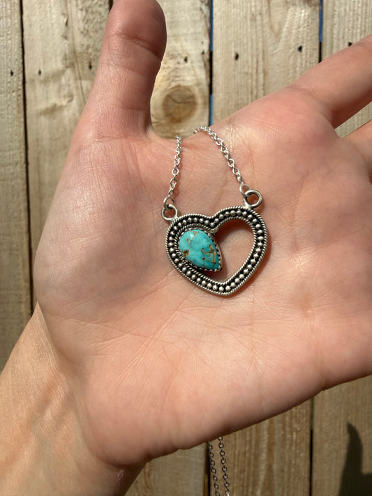 Turquoise Sterling Silver Heart Outline Sterling Silver Necklace