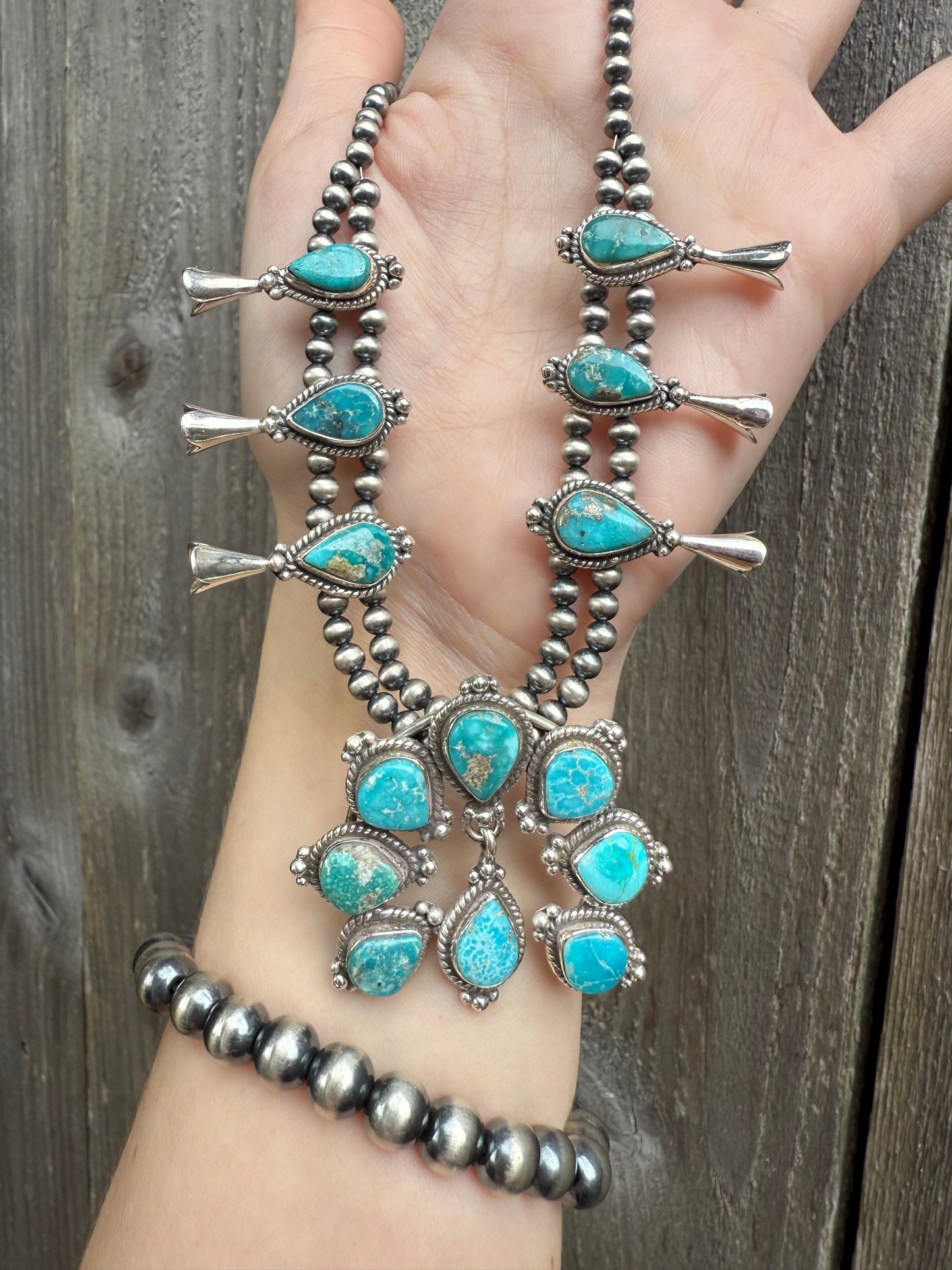 Squash Blossom Premium Turquoise Sterling Silver Desert Pearl Necklace