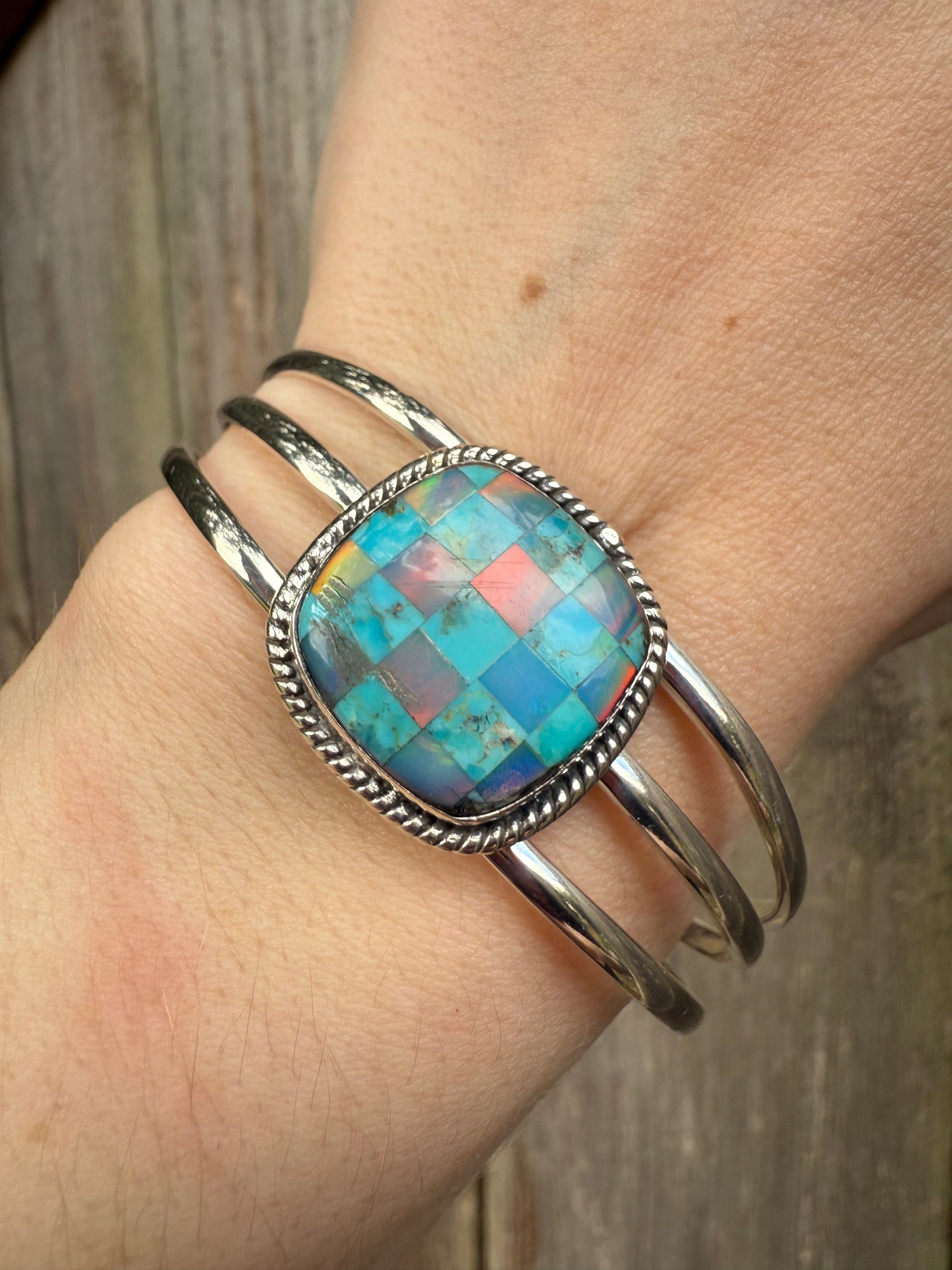 Mojave Turquoise and Aurora Opal Sterling Silver Checkered Cuff