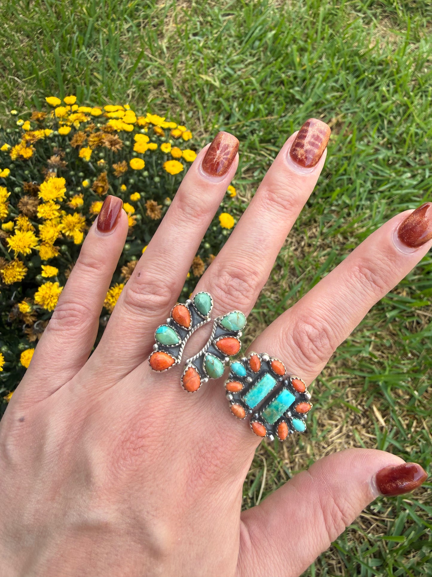 Kingman Turquoise and Orange Mojave Floater Sterling Silver Ring