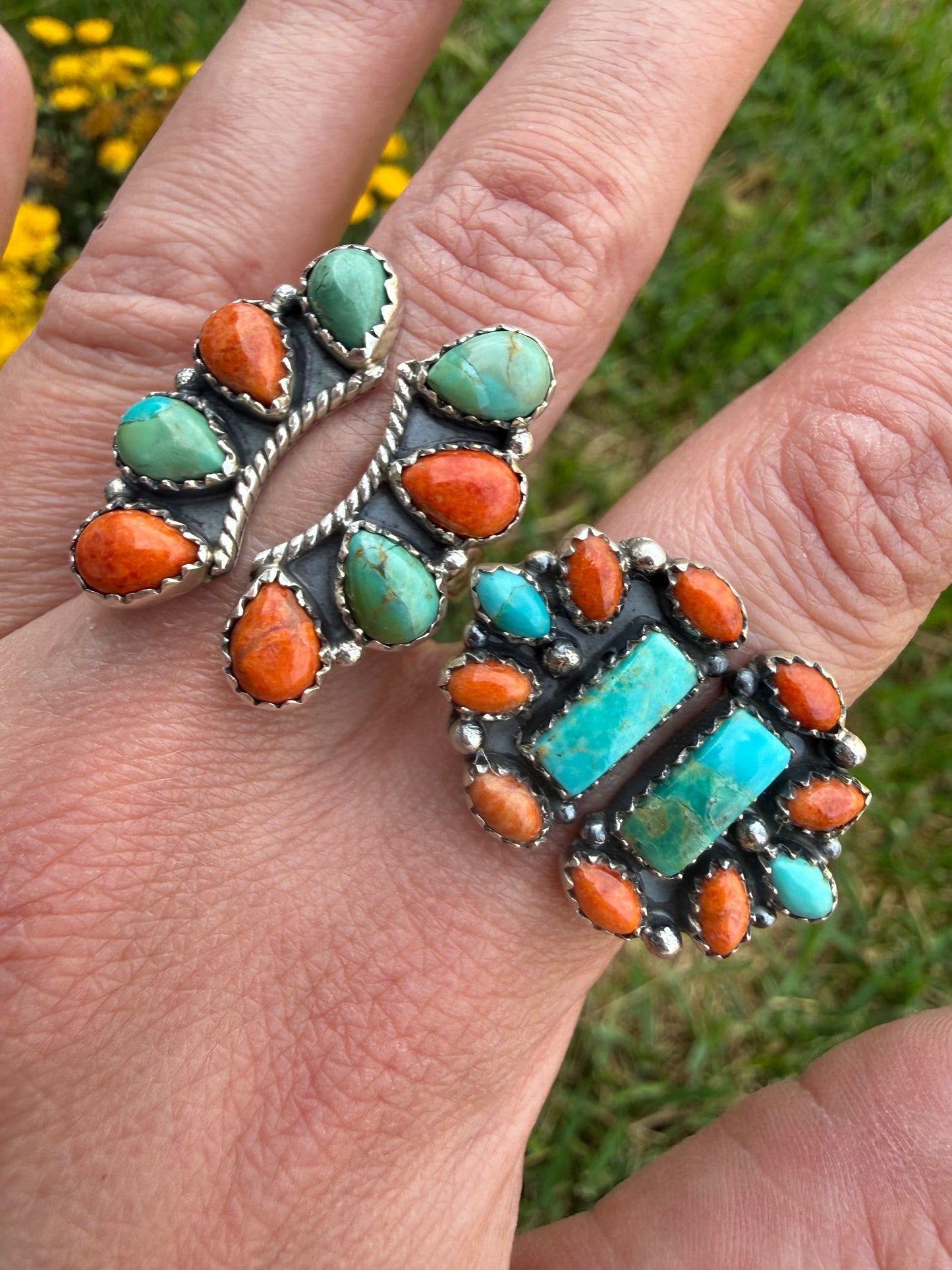 Kingman Turquoise and Orange Mojave Floater Sterling Silver Ring