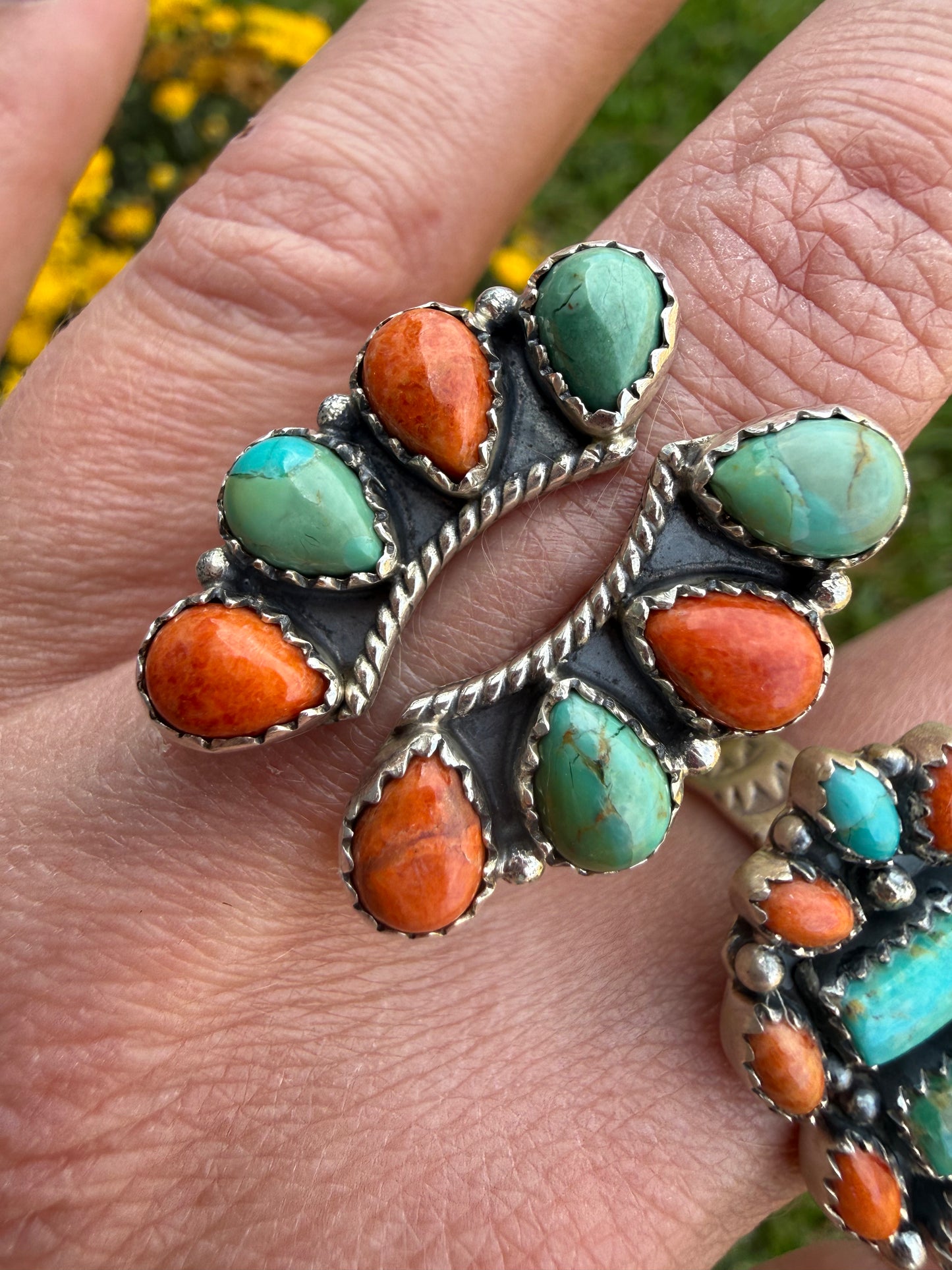 Kingman Turquoise and Orange Mojave Floater Sterling Silver Ring
