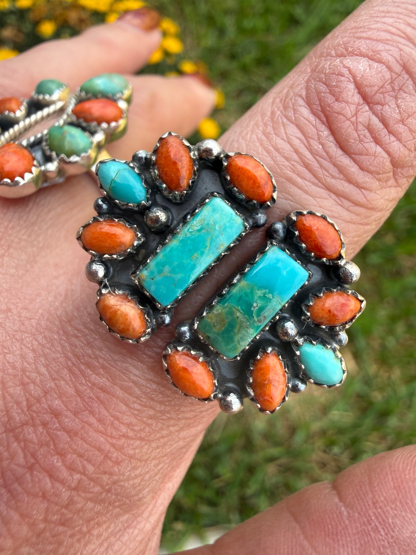 Kingman Turquoise and Orange Mojave Floater Sterling Silver Ring