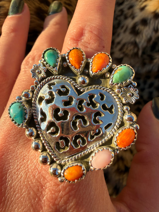 Thee Wild Thing Big Leopard Print Sterling Silver Heart Adjustable Ring
