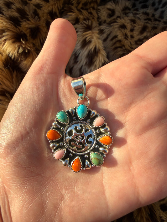 Thee Wild Thing Leopard Print Multi Stone Full Flower Sterling Silver Pendant