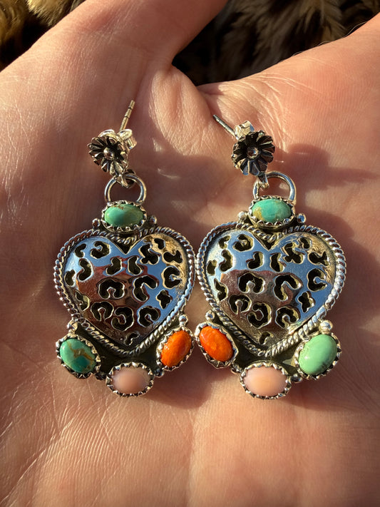 Thee Wild Thing Leopard Print Heart Multi Stone Sterling Silver Earrings