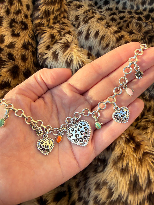 Thee Wild Thing Heart Leopard Print Multi Stone Sterling Silver Charm Bracelet