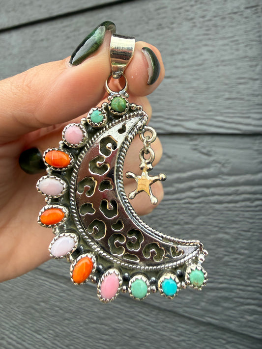 Thee Wild Thing Starlit Leopard Print Moon Multi Stone Sterling Silver Pendant