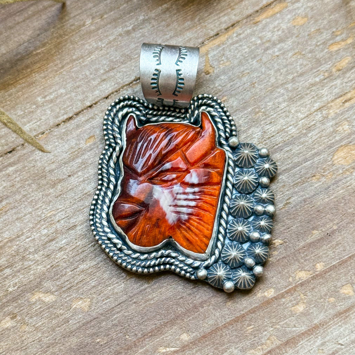 Sterling Silver Autumn Spiny Oyster Buffalo Pendant – Handmade by Artist Shay Pfeiffer