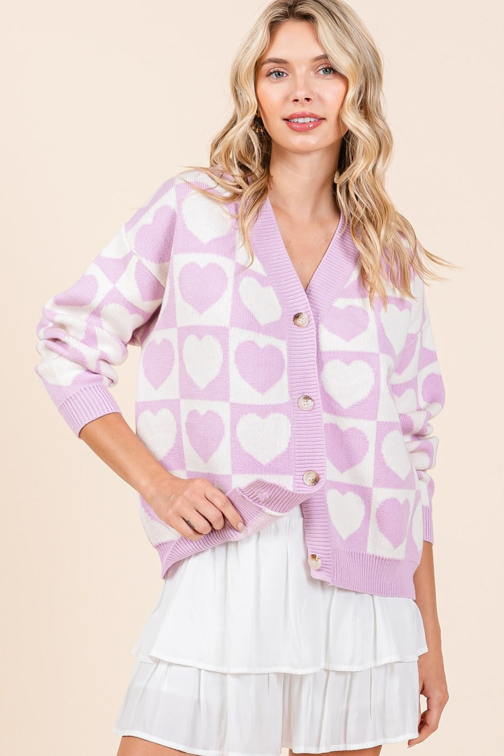 Lover Checkered Heart Button Down Cardigan