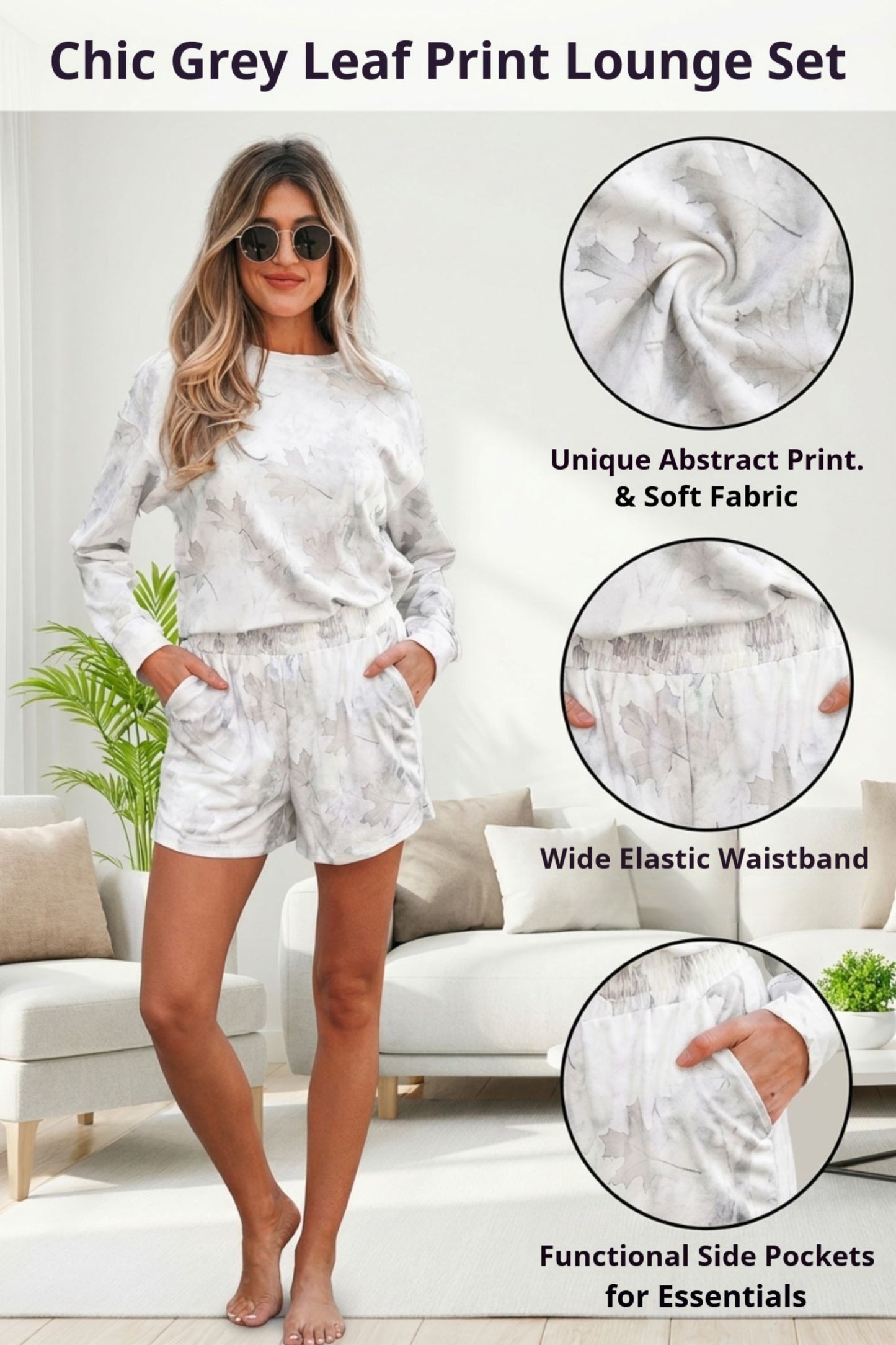 Beige Camo Print Pullover Top and Elastic Waist Casual Short Set