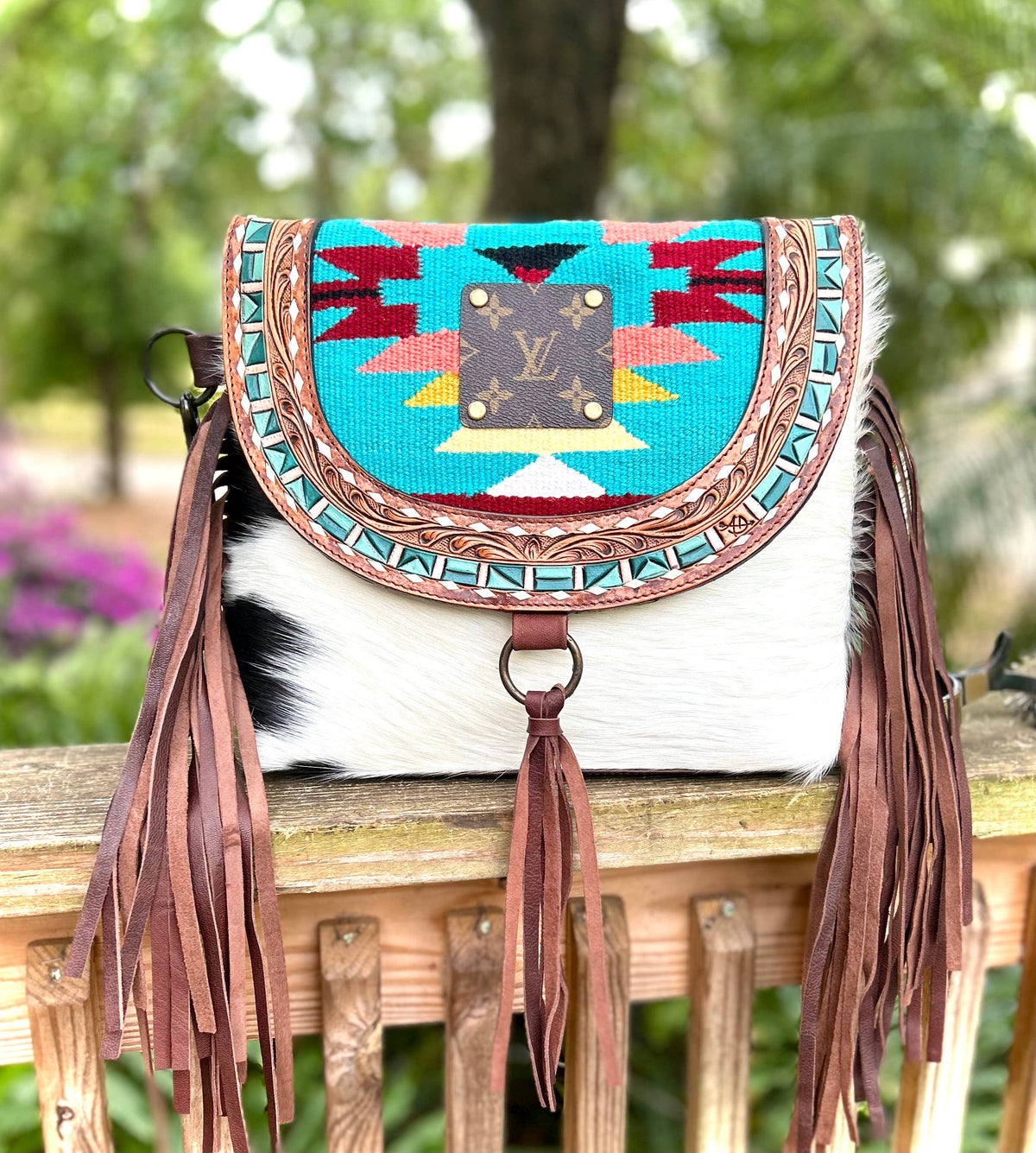 Upcycled LV Cowhide Leather Fringe Crossbody Bag Western
