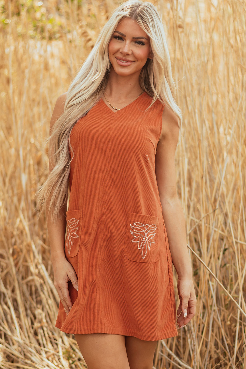 Gold Flame Corduroy Western Embroidered Patched Pocket Shift Sleeveless Mini Dress