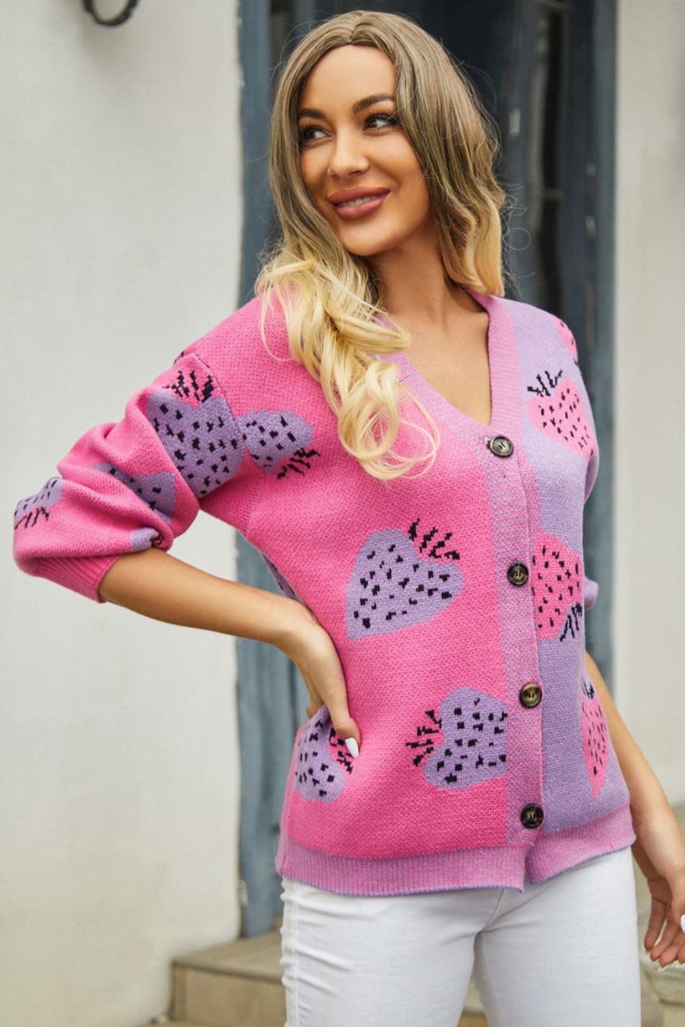 Printed V-Neck Button-Down Long Sleeve Cradigan