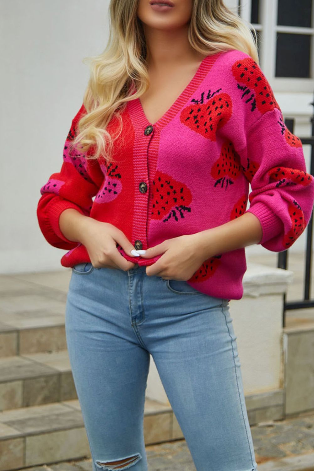 Printed V-Neck Button-Down Long Sleeve Cradigan